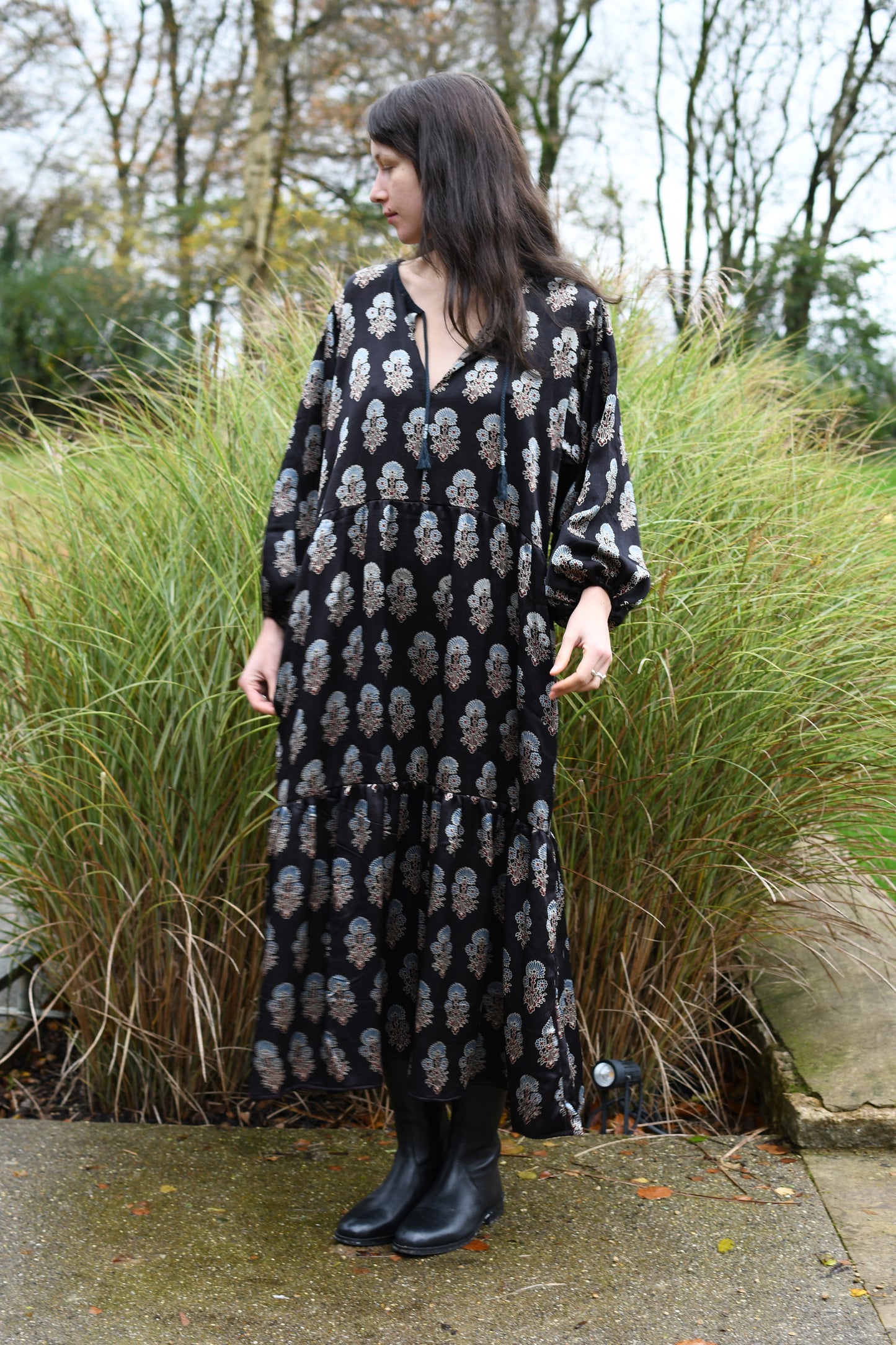 Sateen Block Print Joni Dress in Black *Ready To Ship*