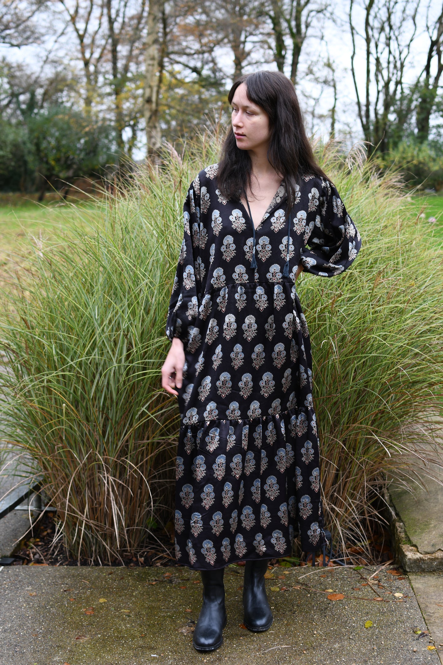 Sateen Block Print Joni Dress in Black *Ready To Ship*